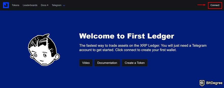 Best XRP meme coins: the First Ledger homepage with the Connect button highlighted.