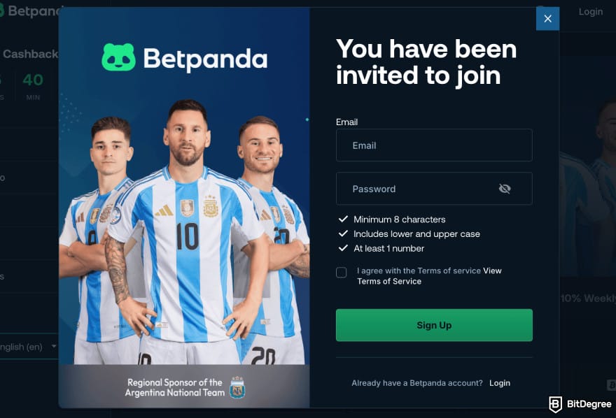 Betpanda promo code: the sign-up form on Betpanda.