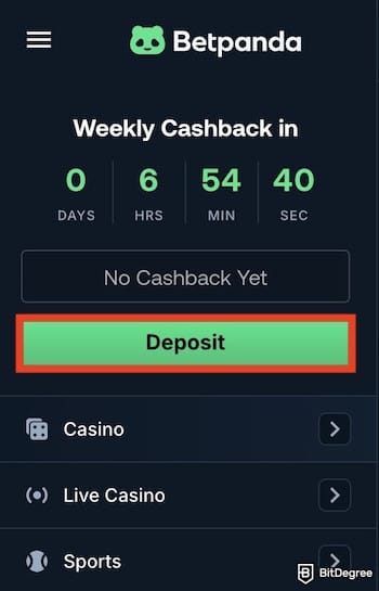 Betpanda review: the [Deposit] button on Betpanda's sidebar.