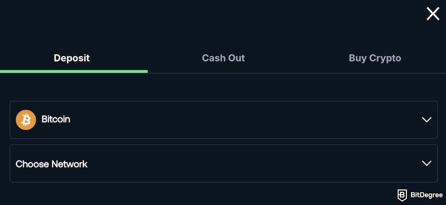 Betpanda review: Betpanda’s deposit page, showing dropdown menus for both coin and network selection.