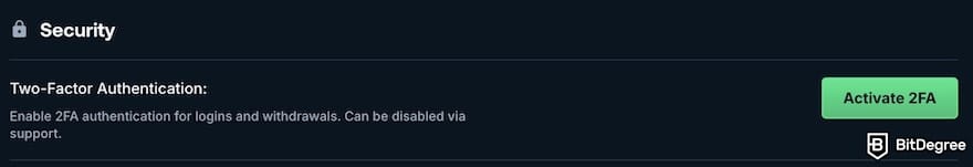 Betpanda review: 2FA setting on Betpanda.