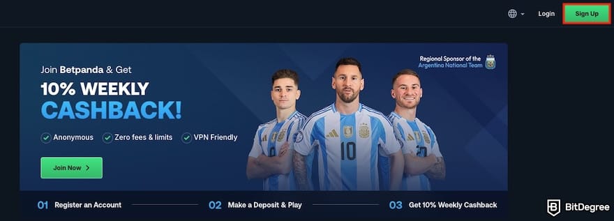 Betpanda review: the [Sign Up] button on the homepage outlined.
