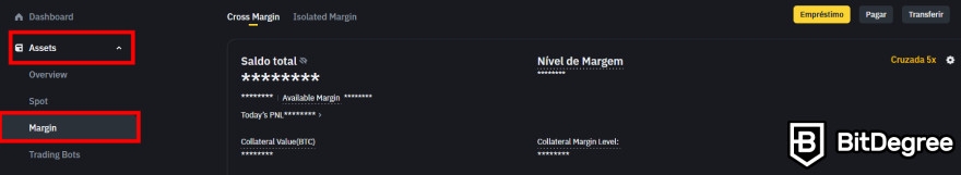 Como vender criptomoedas a descoberto: painel do usuário Binance com o menu Assets e Margin destacados. 