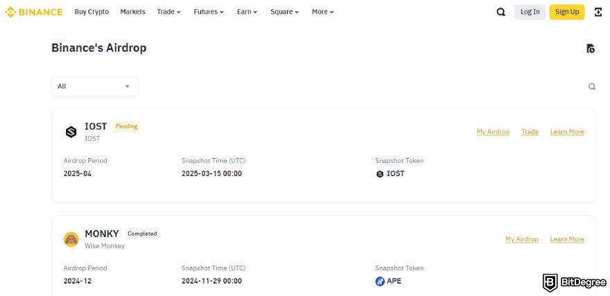 Binance airdrop: Binance Airdrop Portal page.