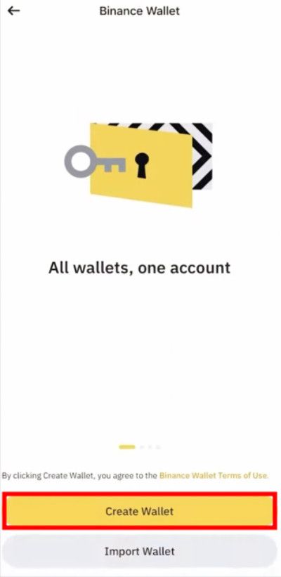 Binance airdrop: [Create Wallet] button.