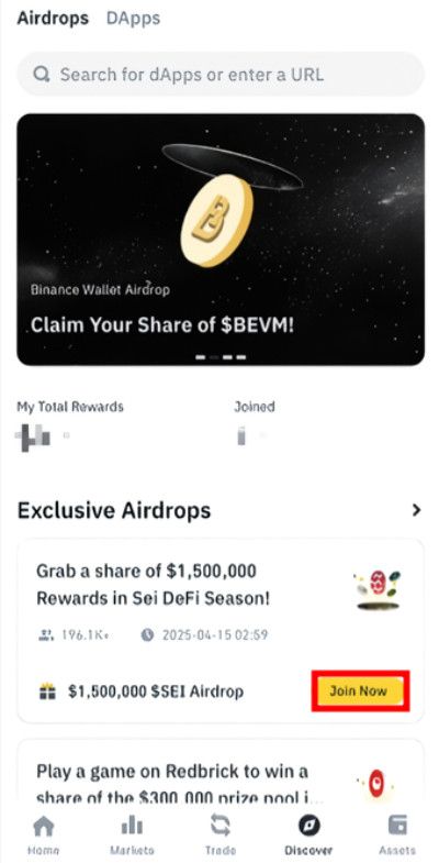 Binance airdrop: [Join Now] button.