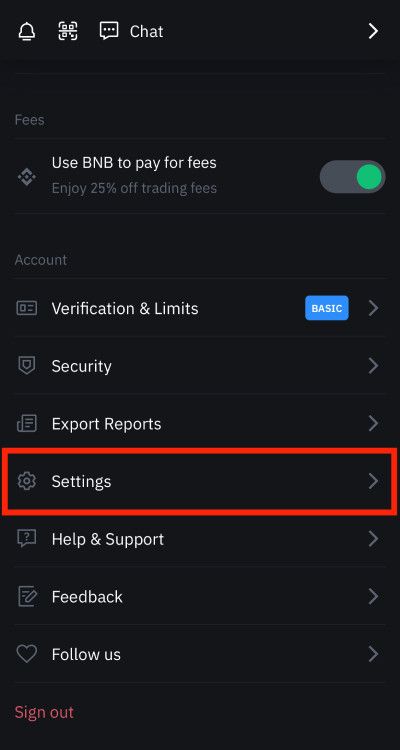 Binance airdrop: Settings.