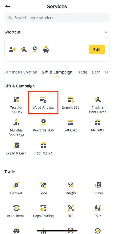 Binance airdrop: Web3 Airdrop menu.