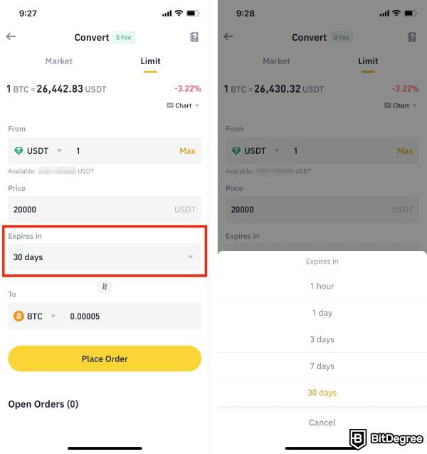 Binance Convert: setting expiration time for a limit order conversion on the Binance Lite app.