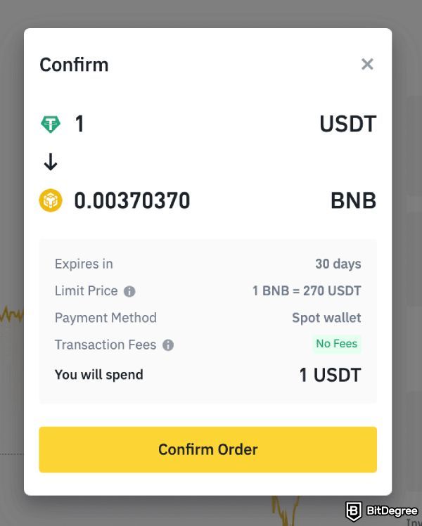Binance Convert: confirm limit order conversion on the website.