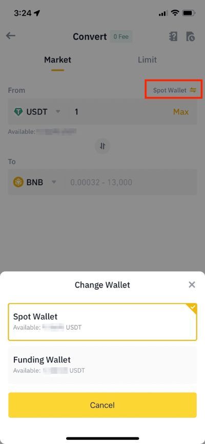 Binance Convert: choosing wallet on the Binance Pro app.