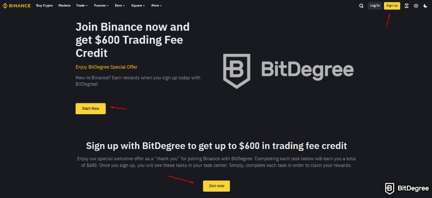 Binance copy trading: three red arrows pointing to different Binance sign up buttons.