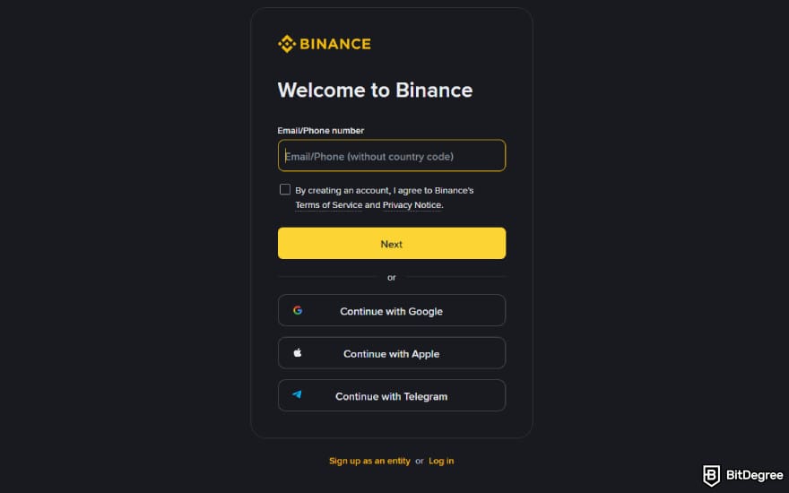 Binance copy trading: Binance's sign up page.