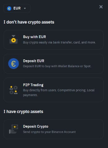 Binance copy trading: Binance's crypto purchasing options.