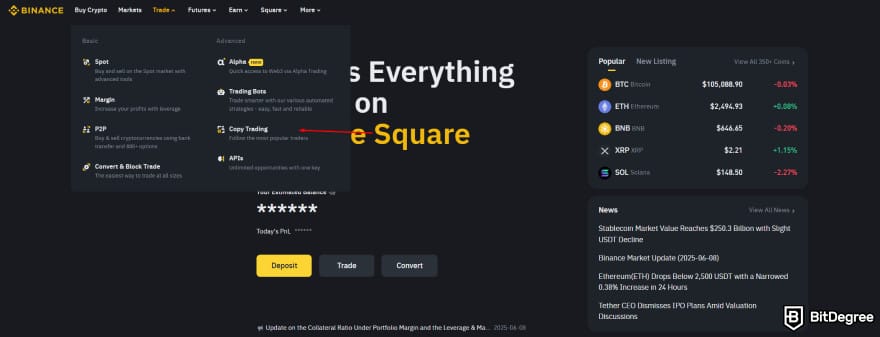 Binance copy trading: a red arrow pointing to copy trading.