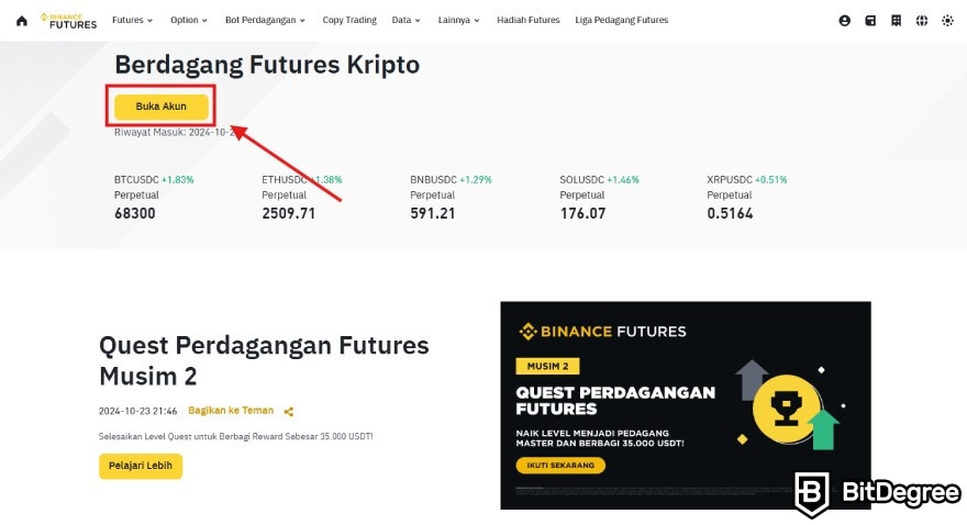 Binance Futures: tombol buka akun.