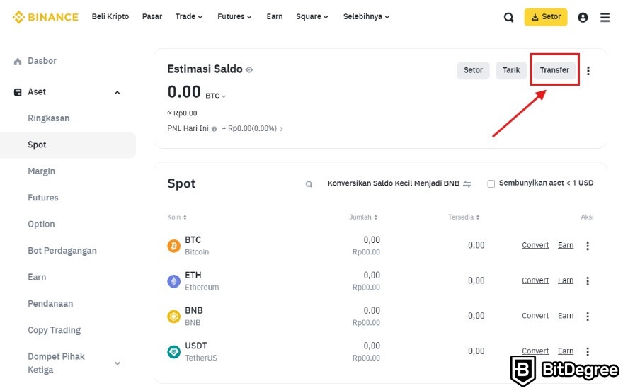 Binance Futures: tombol transfer.