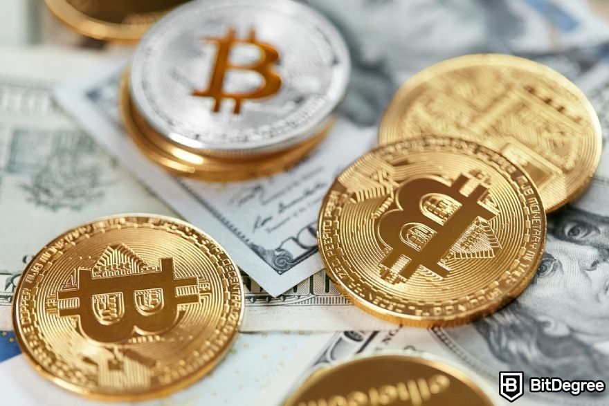 Binance margin trading: Bitcoin tokens on dollar bills.