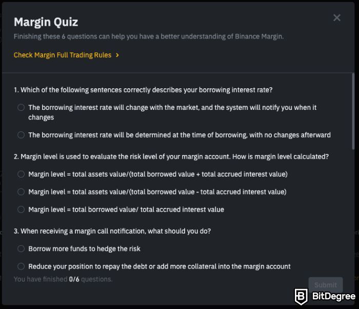 Binance margin trading: margin quiz.