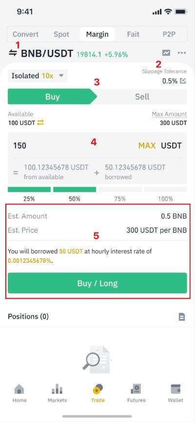Binance margin trading: buy/long on app.