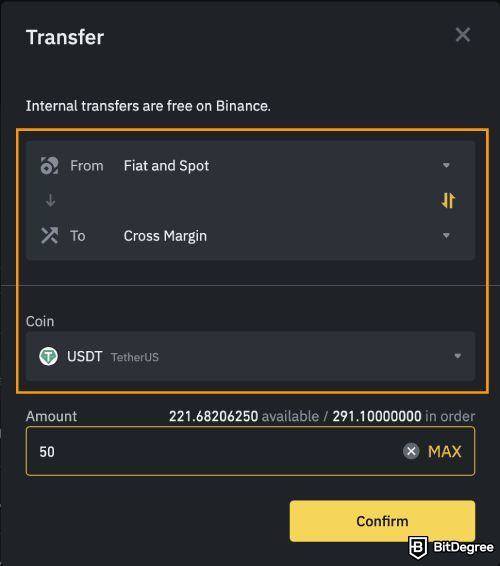 Binance margin trading: choose the coin you want to transfer.