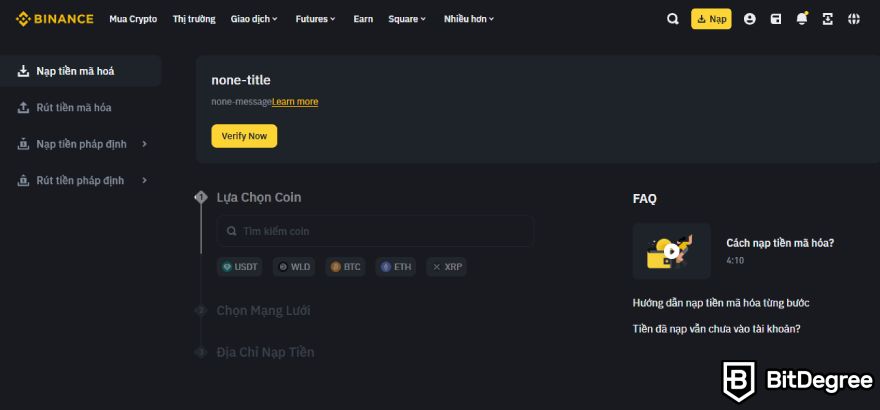 Sàn Binance là gì: Nạp tiền mã hóa.