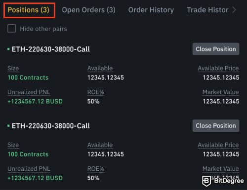 Binance Options trading: open positions.