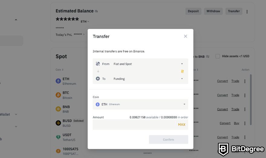 Binance Options trading: transfer funds from the fiat and spot wallet.