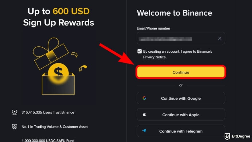 Binance referral code: enter email or phone, then proceed.