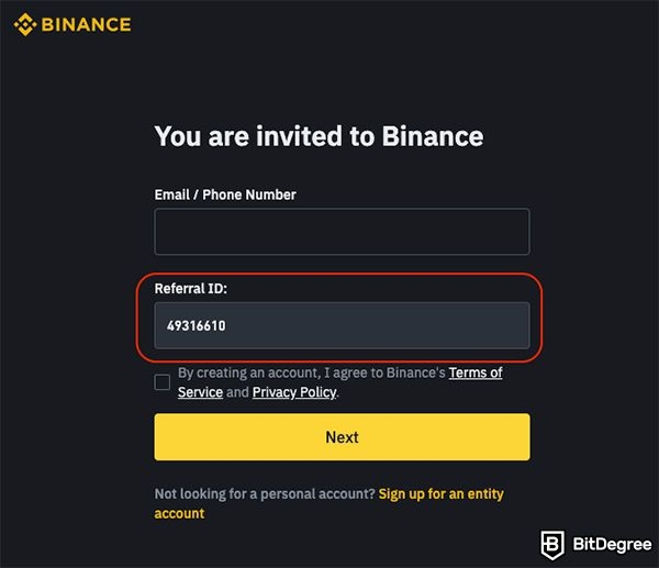 Mã giới thiệu Binance: cửa sổ đăng ký.