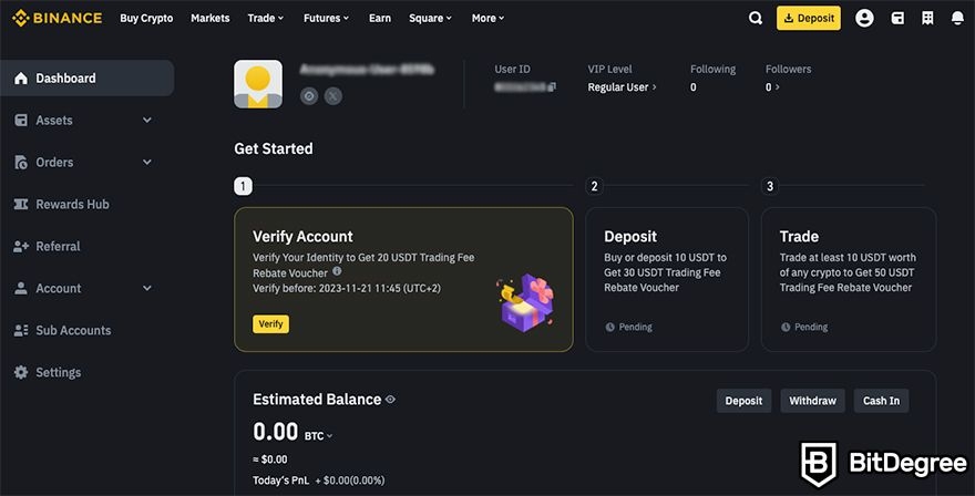 Binance referral code: user dashboard.