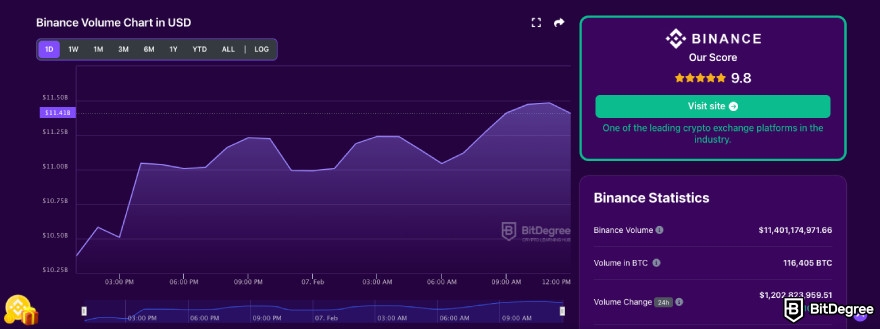 Binance review: Binance daily trading volume (Feb 7, 2025) on the BitDegree exchange tracker.