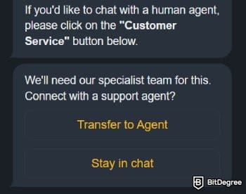 Binance review: the customer support chatbot on Binance.
