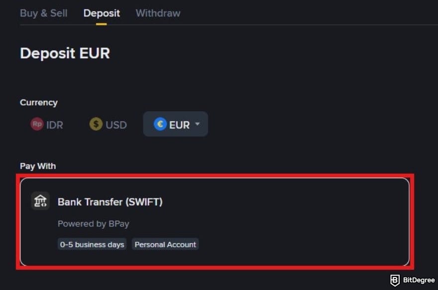 Binance review: the payment method for EUR deposit on Binance.
