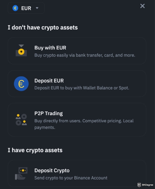 Binance Review: Choose a deposit type.