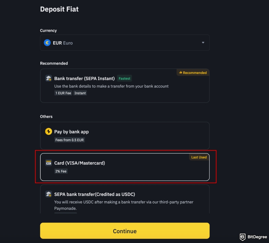 Binance Review: select payment method.