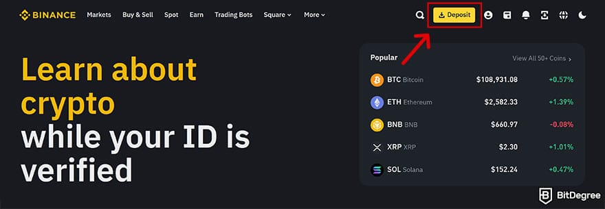 Binance Review: go to deposit page.
