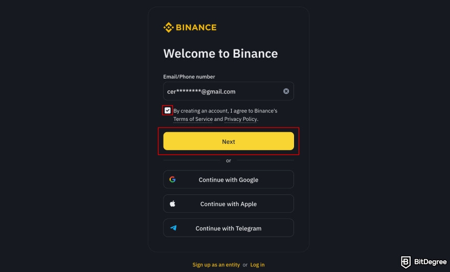 Binance Review: enter your information.