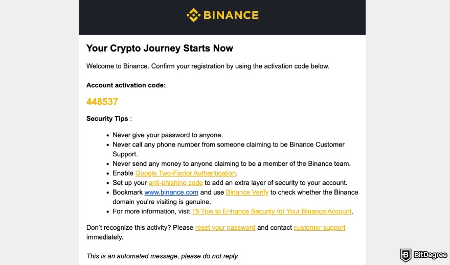 Binance Review: verification e-mail.