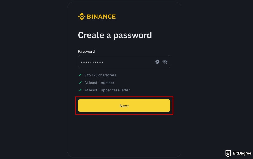 Binance Review: create a password.