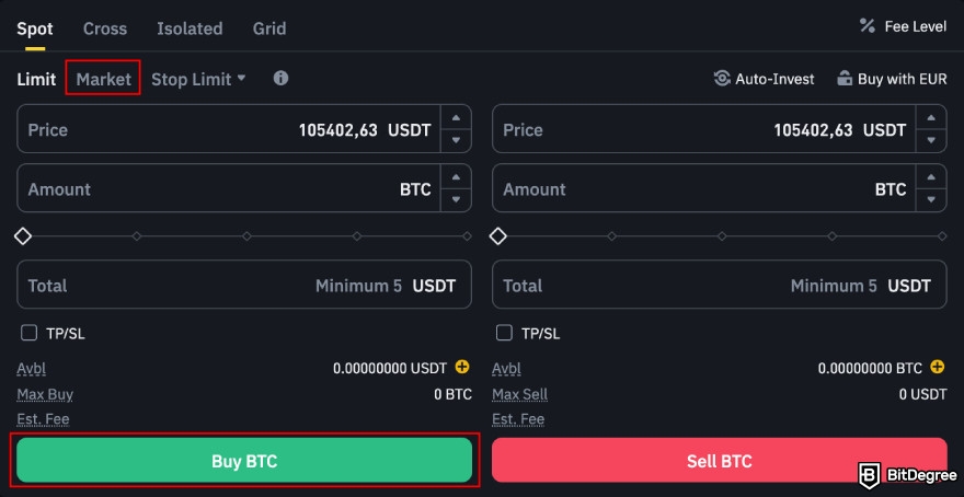 Binance Review: choose an order type.