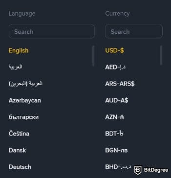Binance review: Binance's language and currency options.