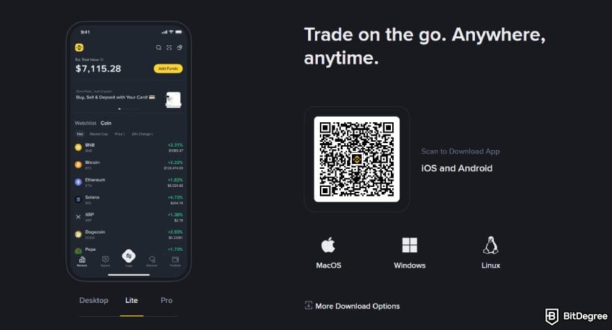Binance review: the BInance app download section on Binance's homepage.