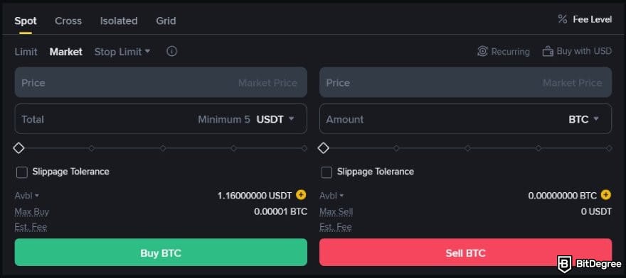 Binance review: the spot order form on Binance.