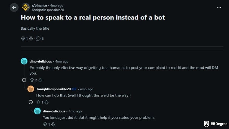 Binance review: a Reddit thread about Binance customer support.