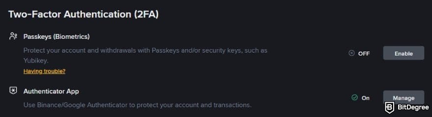 Binance review: the 2FA feature on Binance.