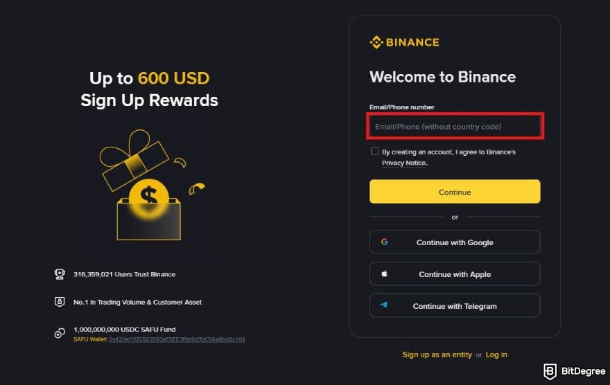 Binance review: the sign-up page on Binance.