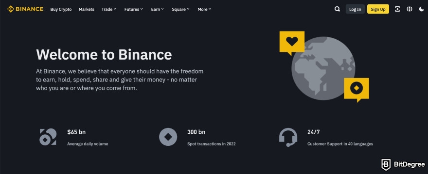 Binance Review: Binance welcome page.