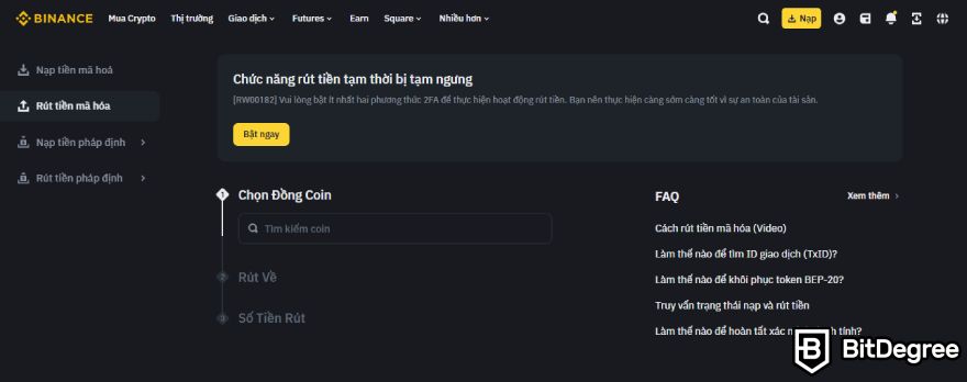 Sàn Binance là gì: Rút tiền mã hóa.