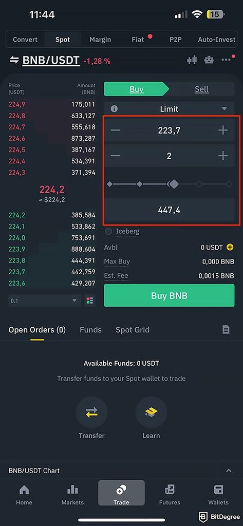 Binance spot trading: inputing the order amount on the mobile app.